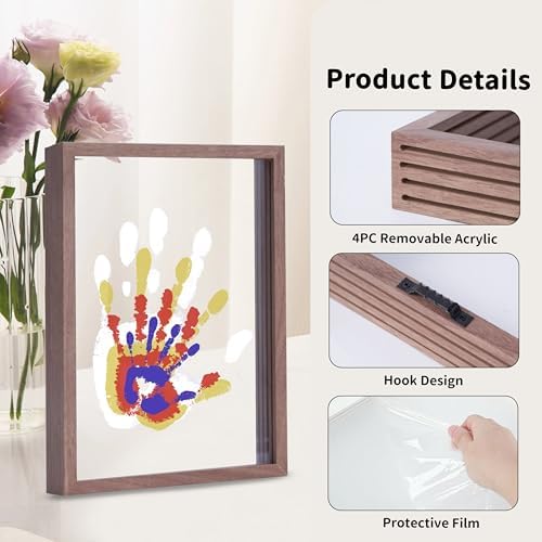 CHERRY CHEERS Family Handprint Kit, DIY Craft Keepsake Wooden Frame, Endless Gift Set, Non-Toxic Paints, Transparent Sheets (Brown)