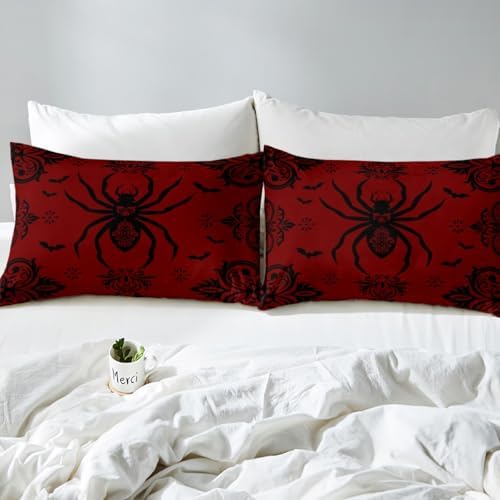 Black Red Spider Bed Sheet Queen Size Boho Paisley Sheets Sets Adults Bedroom Decor Bat Pattern Microfiber Bedding Set with Flat,Fitted Sheet,2 Pillow Cases