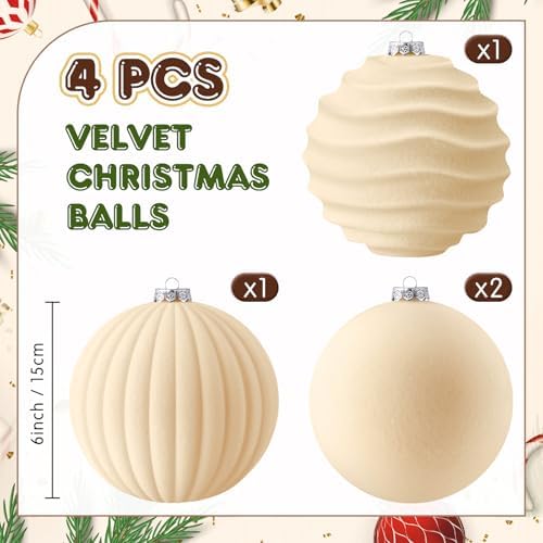 Syhood 4 Pcs 6 Inch Velvet Christmas Balls Large Ornaments, Cream