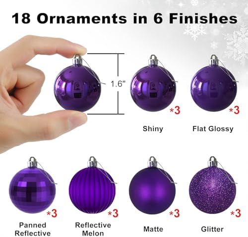 Purple 1.6" Small Christmas Balls Christmas Tree Decoration Ornaments Shatterproof Hanging Balls for Birthday Halloween Holiday Wedding Decorations Set of 18pcs