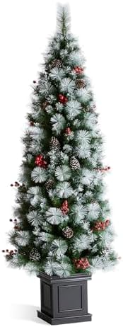 Glitzhome 6 FT Christmas Tree, Pre-Lit Artificial Entrance Trees Greenery Pine Cones and Red Berries Christmas Porch Tree with 200 Warm White Lights for Front Door, Porch, Entryway