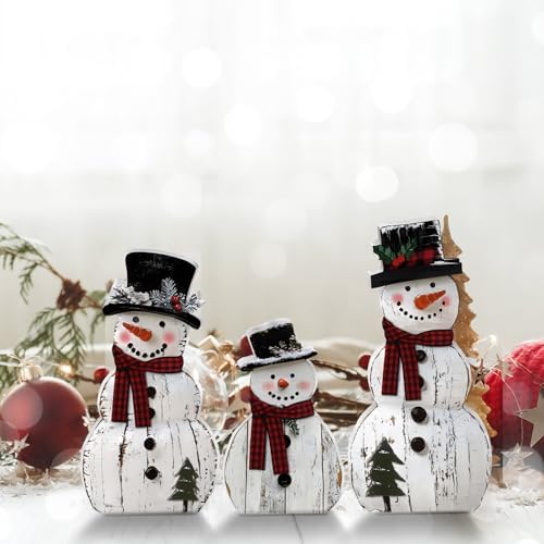 Barydat 3 Pcs Large Snowman Christmas Decoration Rustic Wooden Indoor Decor