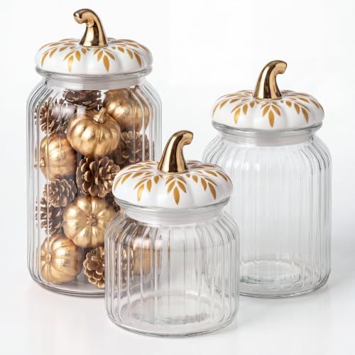 Mimorou 3 Set Fall Pumpkin Glass Jar with Pumpkin Airtight Ceramic Lid 44 oz 33 oz 22oz Clear Candy Jar Food Storage Canister for Thanksgiving Party Tea Cookie Table Decoration (White and Gold B)