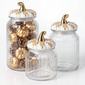 Mimorou 3 Set Fall Pumpkin Glass Jar with Pumpkin Airtight Ceramic Lid 44 oz 33 oz 22oz Clear Candy Jar Food Storage Canister for Thanksgiving Party Tea Cookie Table Decoration (White and Gold B)