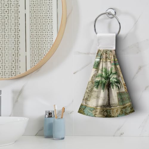 Palm Tree Hanging Hand Towels Set of 2 Vintage Tropical Leaves Green Jungle Plant Kitchen Towels with Hanging Loop Botanical Dish Towels Soft Absorbent Fingertip Bath Tie Towel for Bathroom