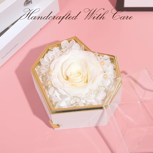Preserved White Real Rose with Necklace Forever Flowers Diamond shaped Box for Mom Wife Girlfriend Grandma on Mothers Day Birthday Valentines Christmas Anniversary Beatiful Gifts for women