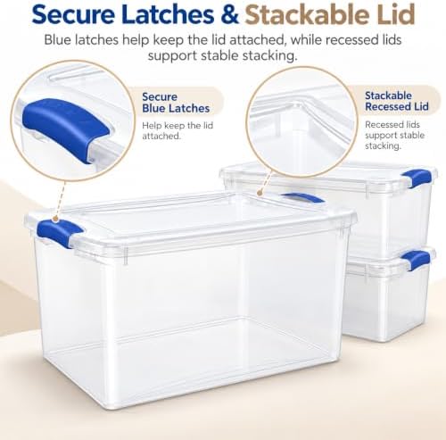 Storage Bin 66 Qt 4-Pack, Clear Latching Plastic Tote Blue