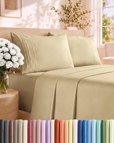 King Size 4 Piece Sheet Set - Comfy Breathable & Cooling Sheets - Beige