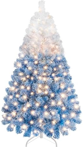 Yaheetech 4.5ft Prelit Flocked Christmas Tree, Blue & White, 100 Lights