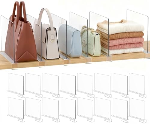 Purse Organizer for Closet Shelf Dividers: Clear Acrylic 16-Pack
