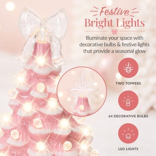 Best Choice Products 15in Ceramic Christmas Tree, Pre-lit Hand-Painted Tabletop Pinkmas Holiday Tree, Star Topper, 64 Lights - Pink w/White Bulbs