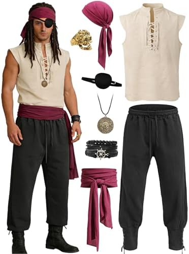 Verceco Mens Pirate Costume 8PCS Renaissance Sleeveless Shirt Ankle-Banded Pants Sash Belt & Accessories LARP Cosplay