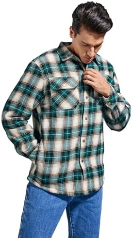 Men's Sherpa Cotton Flannel Shirt Jacket Plaid Button Coat Pocket