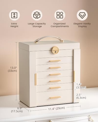 Lolalet Large Jewelry Box, 7-Layer Jewelry Organizer with 6 Drawers -Beige