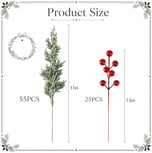 80 Pcs Artificial Christmas Snow Pine Branches Red Berry Stems Faux Sprigs
