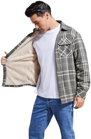 Men's Sherpa Cotton Flannel Shirt Jacket Plaid Button Coat Pocket