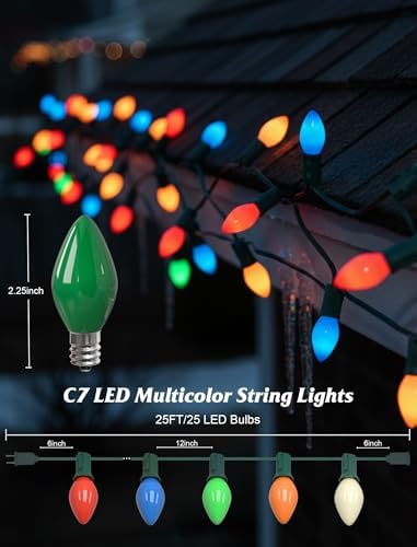 C7 LED Colored Christmas Lights Outdoor, 25FT Vintage Colored Christmas Lights with 25 LED Ceramic Glass Multicolor Bulbs for Xmas Roofline Indoor Outdoor Garden Patio Yard Decoration, Green Wire