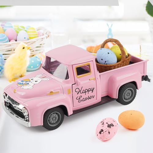 Spring Truck Decor, Pink Egg Bunny Truck Decorations for Home Indoor, Mini Basket Eggs Truck Tiered Tray Decor, Spring Rustic Farmhouse Kitchen Tabletop Decorations for Office