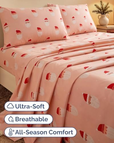Christmas Sheet Set, Blush Santas, Holiday Xmas Bedding Set - Full Size