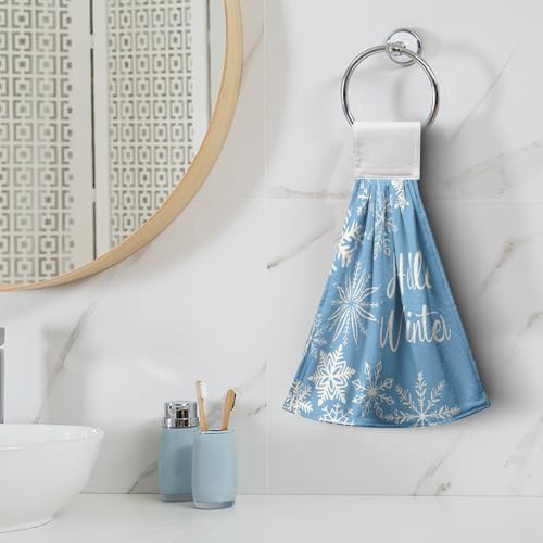 2 Pcs Winter Kitchen Towels with Hanging Loop, Blue White Snowflake Hand Tie Towels Oven Baking Cooking Dish Towels Soft Absorbent Fast Drying Hanging Towel for Bathroom