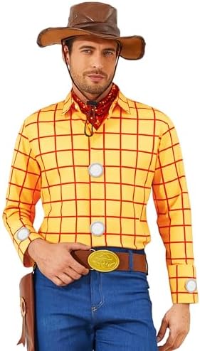 Cowboy Sheriff Costume Men's Plaid Button Down Shirt with Vest Bandana Star Badge Halloween Sheriff Cosplay Outfits
