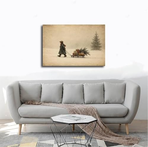Vintage Child Sled Wrapped Boxes Evergreen Snow Christmas Canvas Wall Art