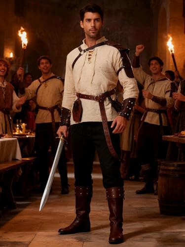 Men's Renaissance Costume,8 Piece Medieval Viking Pirate Outfit Set