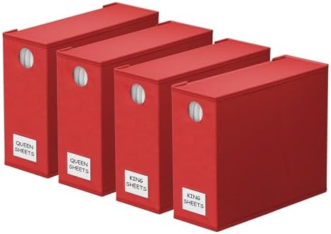 SpaceAid 4 Pack Bed Sheet Organizers and Storage, Foldable Sheet Organizer for Linen Closet, Sheets Set Folder Keeper with Window XL (Queen & King Size) Bedding Container (Red, 4 Pack)