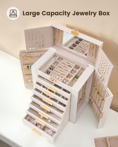 Lolalet Large Jewelry Box, 8-Layer Jewelry Organizer with 7 Drawers -Beige