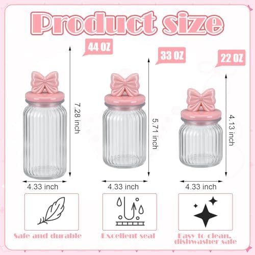 Mimorou 3 Set Pink Bow Candy Glass Jars with Ceramic Lids 44oz 33oz 22oz Summer Bow Cookie Jars Airtight Glass Food Storage Containers for Spring Summer Party Tea Cookie Snacks Sugar
