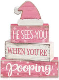 Moucuny 4 Pcs Funny Christmas Bathroom Decor Pink Santa Hat Wooden Signs
