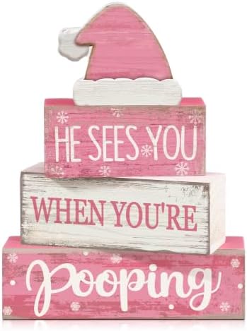 Moucuny 4 Pcs Funny Christmas Bathroom Decor Pink Santa Hat Wooden Signs