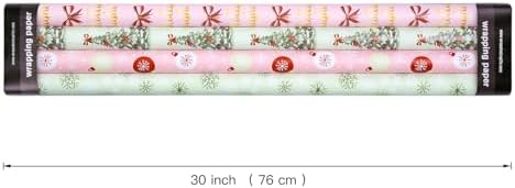 WRAPAHOLIC 30 Inch Christmas Wrapping Paper Roll - Jumbo Roll Light Green and Pink Christmas Tree, Snowflakes and Holly Red Bow Wrapping Paper - 4 Rolls - 30 Inch x 120 Inch Per Roll