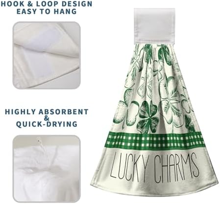 St Patrick's Day Shamrocks Hanging Hand Towels Set of 2 Lucky Charm Green Clover Kitchen Towel with Hanging Loop Seasonal Spring Fingertip Bath Towels Soft Absorbent Dish Tie Towel