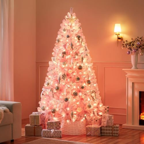 Yaheetech 6ft Pre-lit Christmas Tree with 300 Warm White Lights, Pink