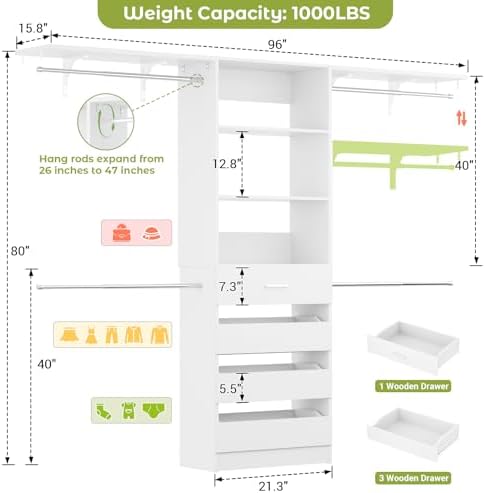 Aheaplus Closet System, Wood Closet Organizer System with Drawers, White