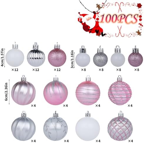 100Pcs Pink Silver Christmas Ball Ornaments Set for Tree, Assorted Shatterproof Christmas Decorations, Hanging Decor for Xmas Tree Holiday/Party/Home (Pink & Silver & White)