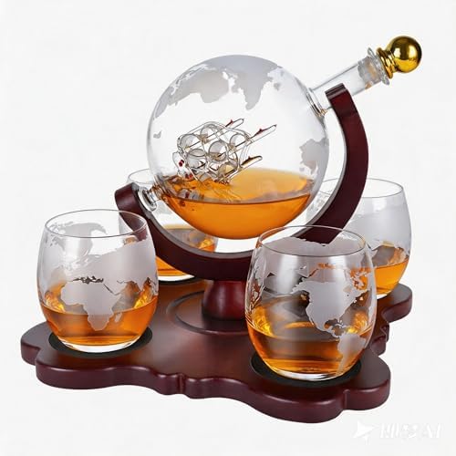 Globe Whiskey Decanter Set with 4 Glasses 850ml, Dad Gifts for Men Him Husband, Christmas Anniversary Birthday Gift for Brother Grandpa, for Liquor Bourbon Scotch Whisky