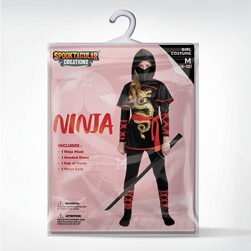 Spooktacular Creations Black and Red Ultimate Ninja Dragon Costume Set for kids, Girls, Halloween Dress Up