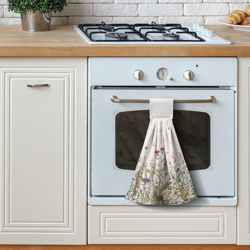 Wildflower Floral Hanging Hand Towels Set of 2 Spring Summer Vintage Flower Kitchen Towels with Hanging Loop Rustic Garden Herbs Plants Dish Towels Soft Absorbent Bath Tie Towel for Farmhouse Decor
