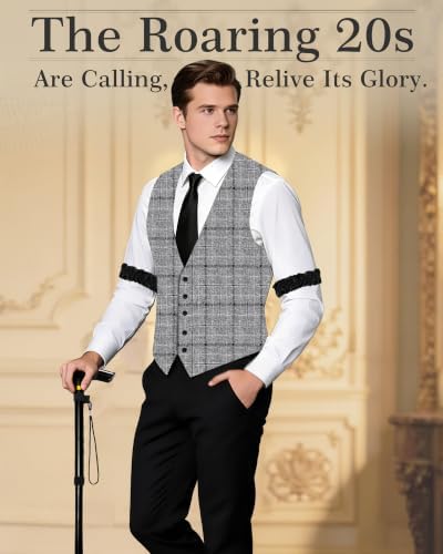 1920s Mens Costume, Roaring 20s Costumes for Men 1920s Mens Outfit with Walking Cane Vest Hat 1920 Mens Accessories
