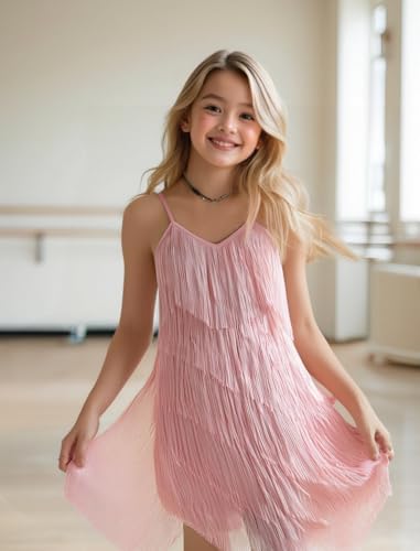 IDOPIP Kids Girls 1920s Flapper Dress Tassels Sequins Fringe Latin Dance Dress Gatsby Halloween Party Ballroom Dance Costumes