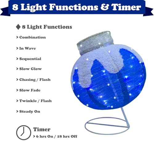 Lighted Christmas Balls Outdoor Decorations, 2pcs Pop-Up Blue Christmas Décor Balls Prelit 160 Lights with 8 Flashing Effects, Collapsible Light Up Hanging Lanterns Plug-in for Home Yard Party-Blue