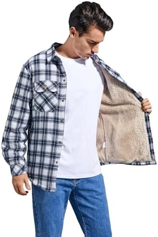 Men's Sherpa Cotton Flannel Shirt Jacket Plaid Button Coat Pocket