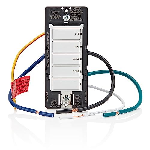 Leviton Countdown Switch for lights, attic, heaters, pool pumps, 15-30 min, 1-2 hour, Neutral Wire Required, 20A, 1 HP/16A Fan/Motor, Single Pole, Multi-Way or Multi-Timer, DT202-1LW, White