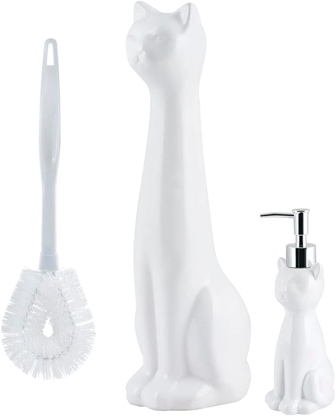 Allure Home Creation Cat 3-Piece White Ceramic Toilet Brush Holder w/White Plastic Handled Scrub Brush & Soap Dispenser