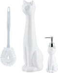 Allure Home Creation Cat 3-Piece White Ceramic Toilet Brush Holder w/White Plastic Handled Scrub Brush & Soap Dispenser