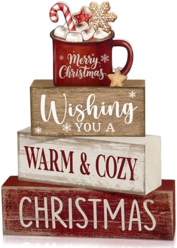 Moucuny 4 Pcs Christmas Coffee Table Decor for Home Kitchen, Wooden Cocoa