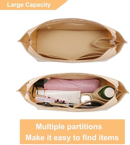 Doxo Purse Organizer Insert for Handbags, Felt Neverfull MM Organizer Insert with Cover, Tote Bag Organizer with Zipper Pocket and Bottle Holder, Fit Neverfull MM and More, Beige-L