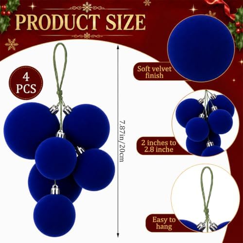 Roowest 4 Sets Large Blue Velvet Christmas Ball Clusters Ornaments Decor